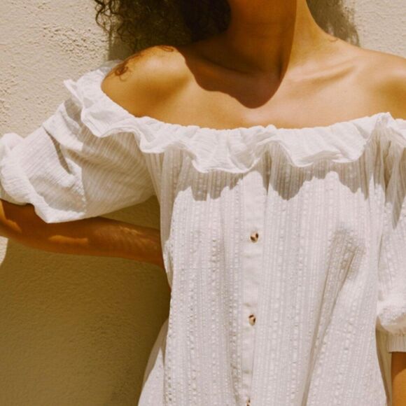 Anthropologie Ruffle Off-The-Shoulder Gauze Dress in White Size Medium - Picture 2 of 14